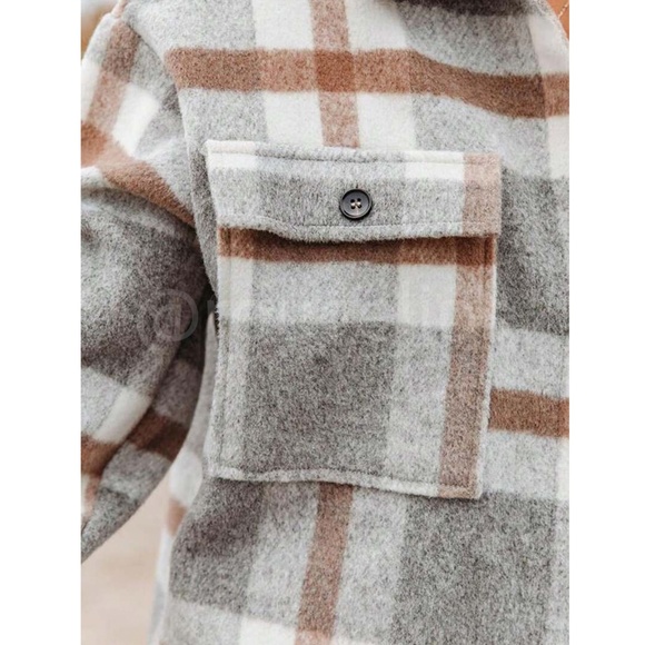 Plaid Oversized Shacket (Shirt / Jacket) White Grey Brown Long Sleeve & Pockets - Picture 3 of 6